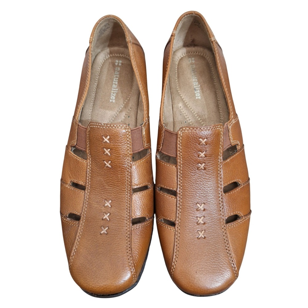 Naturalizer Floriza Tan Leather Slip On Loafers Shoes Womens 8.5M Cross Stitch